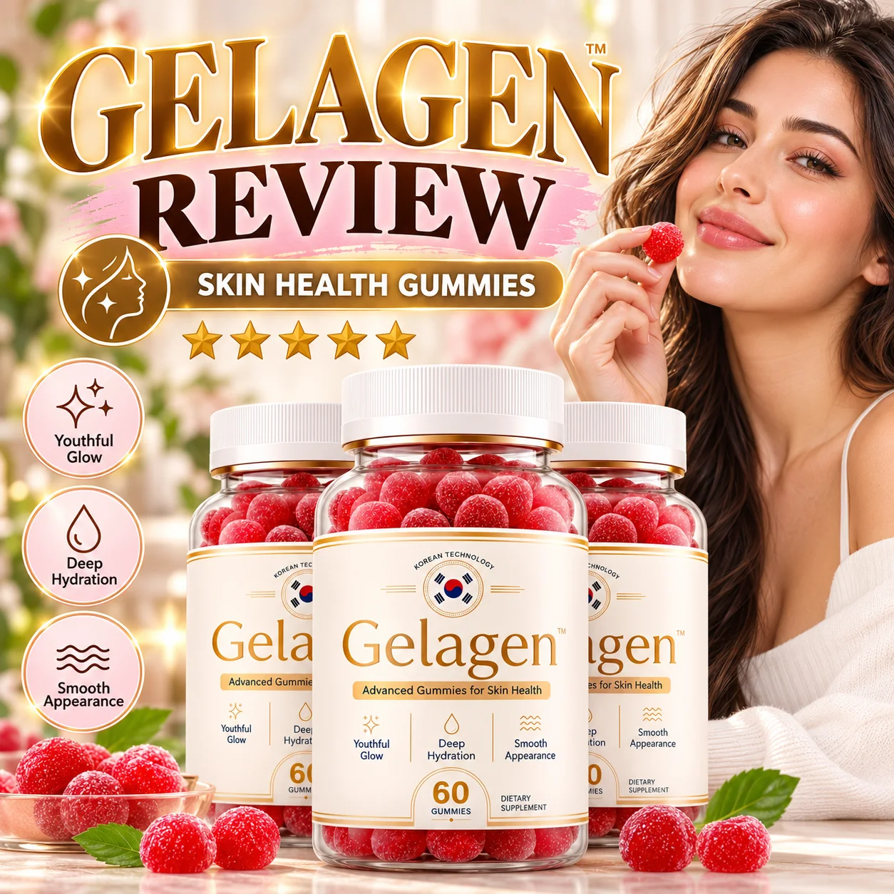 Gelagen review graphic showing gummy bottles and raspberries