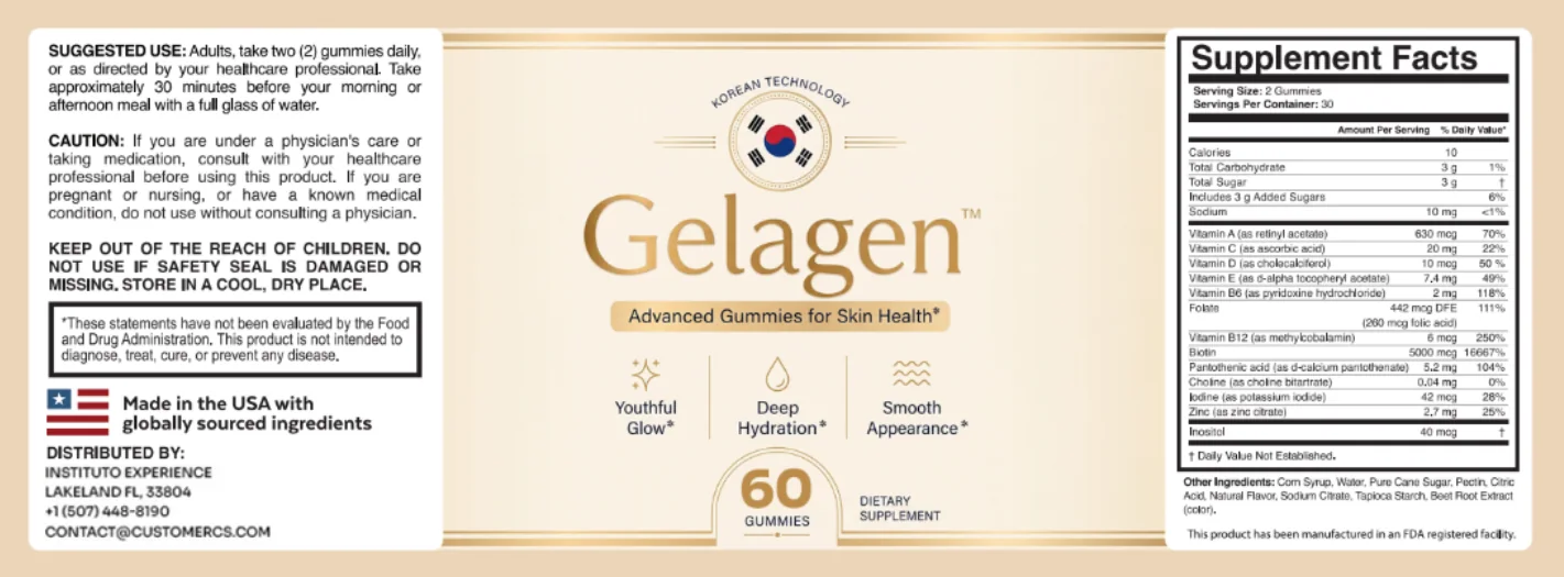 Gelagen Supplement Facts label showing 13 vitamins and minerals, serving size and suggested use